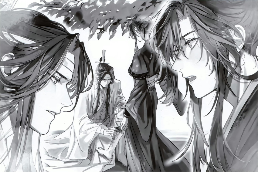 2boys barefoot blood blood_on_leg chinese_clothes chinese_commentary commentary_request eyelashes greyscale hair_ribbon hand_on_another's_leg hanfu headband highres injury lan_wangji leaf long_hair long_sleeves looking_at_another looking_down male_focus mg_ms_dayo modao_zushi monochrome multiple_boys multiple_views official_art open_mouth pants pants_rolled_up parted_lips ponytail profile ribbon robe sash sidelocks sitting standing standing_on_one_leg sweatdrop third-party_source topknot tree wei_wuxian white_background wide_sleeves xiao_guan_(headdress) yaoi