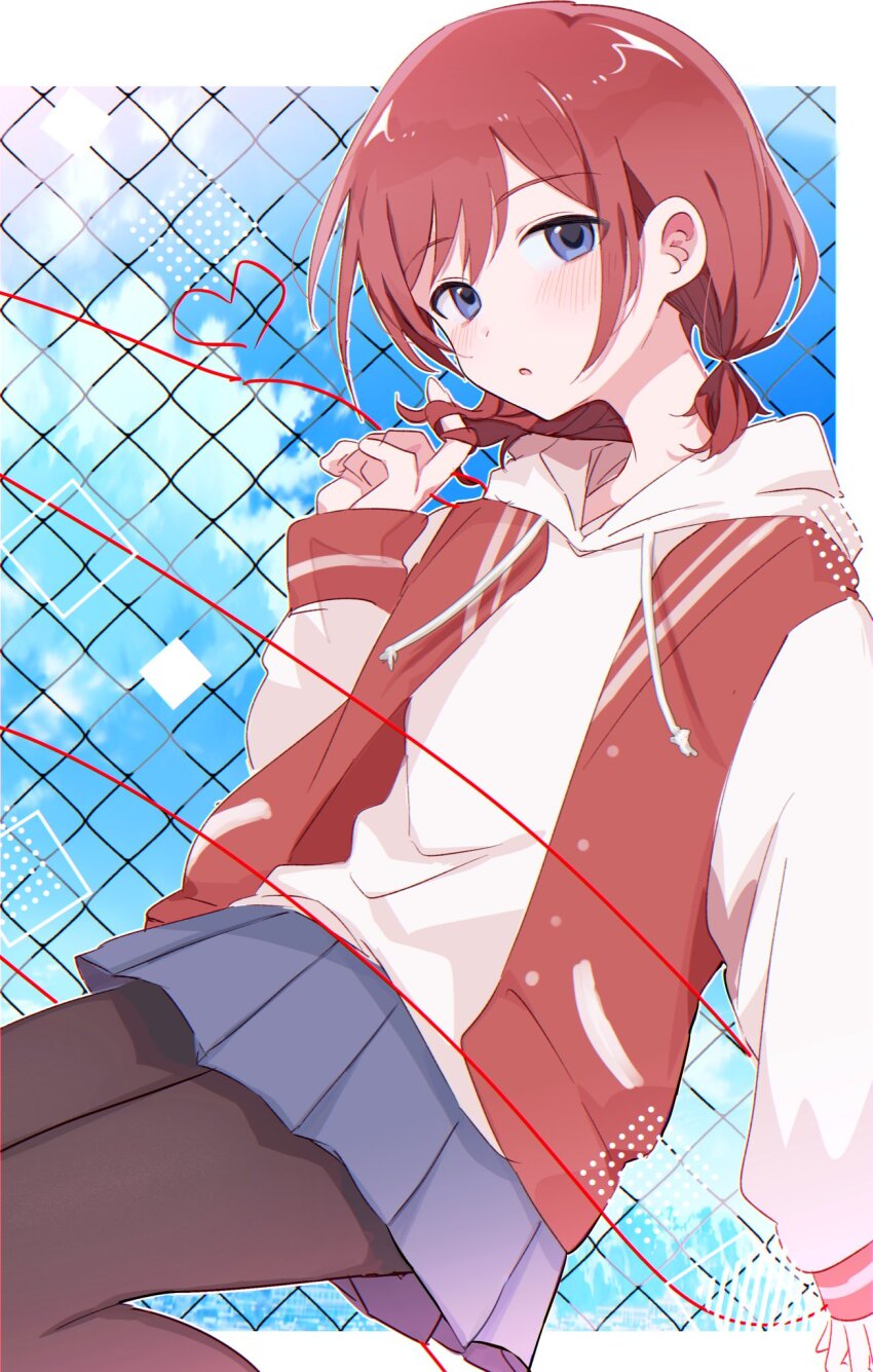 1girl black_pantyhose blue_eyes blue_skirt blush commentary_request fence girls_band_cry heart highres hood hood_down hoodie iseri_nina jacket low_twintails na_(niruo3) open_mouth pantyhose pleated_skirt red_hair red_jacket short_hair short_twintails skirt solo string string_of_fate twintails twirling_hair white_hoodie