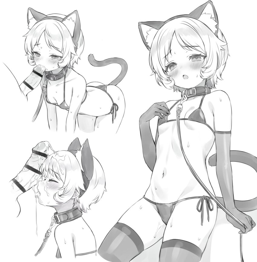 1boy 1girl all_fours anal_beads anal_tail animal_ear_fluff animal_ears ass bar_censor blush breasts butt_plug censored closed_eyes collar collarbone cowboy_shot cum cum_on_body cumdrip disembodied_penis elbow_gloves facial fake_animal_ears fake_tail fellatio furrowed_brow gloves hetero highres holding_own_leash identity_v large_penis leash licking licking_penis micro_bra middle_part monochrome multiple_views navel open_mouth oral panties parted_bangs penis petite pomilkoic short_hair side-tie_panties small_breasts stomach sweat tail tearing_up testicles thighhighs tracy_reznik underwear veins veiny_penis