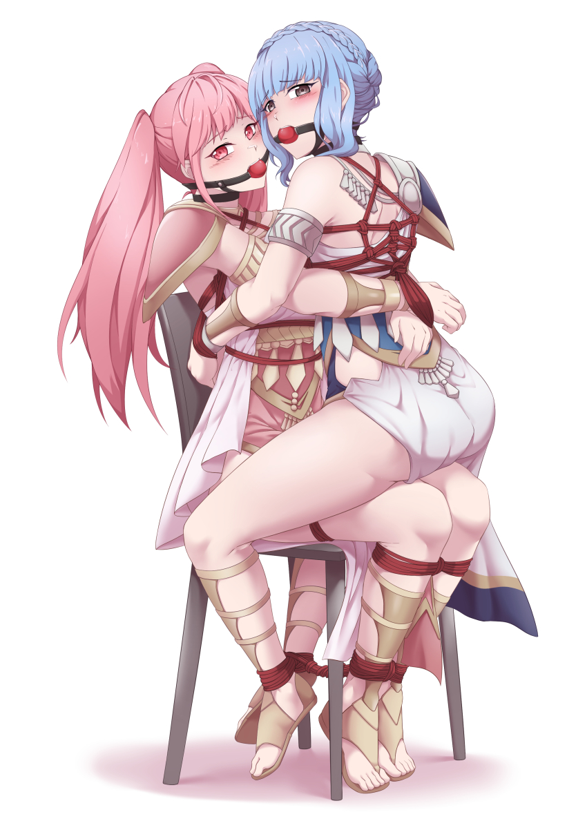 2girls absurdres adzuqi armband armor arms_behind_back ball_gag bare_shoulders bdsm blush bondage bound bound_arms bound_legs bound_together bound_torso braid chair chair_bondage collar commission crown_braid dress embarrassed female_focus fire_emblem fire_emblem:_three_houses full_body gag gagged hair_bun highres hilda_valentine_goneril long_hair looking_ahead looking_at_viewer looking_back looking_to_the_side marianne_von_edmund marianne_von_edmund_(serene_adherent) marianne_von_edmund_(timeskip) multiple_girls nintendo pink_dress sandals short_hair short_hair_with_long_locks shoulder_armor sidelocks simple_background sitting sitting_on_lap sitting_on_person skin_tight skindentation straddling swept_bangs toes twintails white_background white_dress