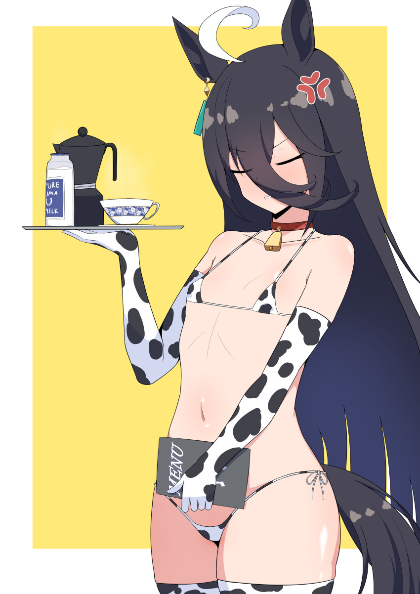1girl absurdres ahoge anger_vein angry animal_ears animal_print bare_shoulders bell bikini black_hair bottle closed_eyes coffee_pot collar collarbone commentary cow_print cow_print_bikini cow_print_gloves cup dewanewbie ear_ornament ear_tag earrings elbow_gloves flat_chest furrowed_brow gloves hair_between_eyes highres holding holding_menu holding_plate horse_ears horse_girl horse_tail jewelry long_hair long_hair_between_eyes manhattan_cafe_(umamusume) menu milk multicolored_hair navel neck_bell parted_lips plate print_bikini print_gloves red_collar single_earring solo swimsuit symbol-only_commentary tail umamusume variant_set very_long_hair white_hair