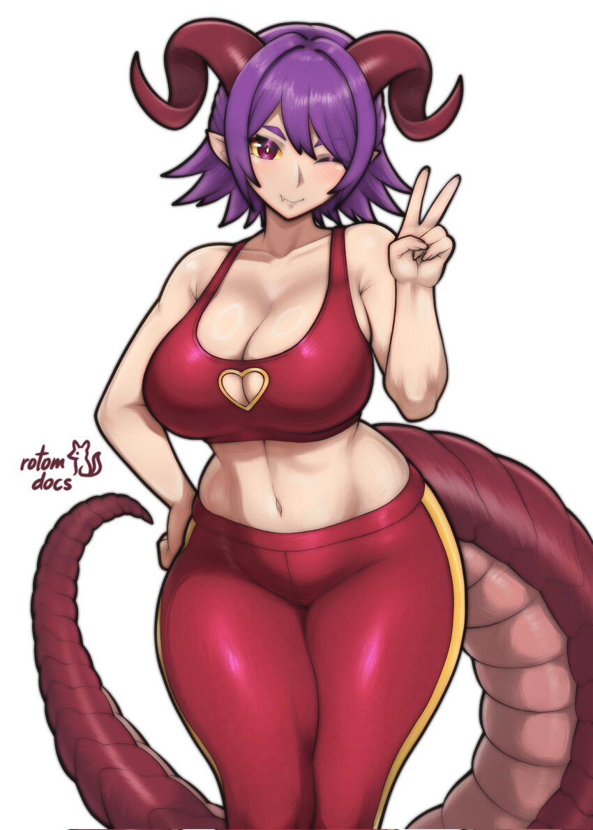 1girl animal_ears artist_logo blush breasts cleavage cleavage_cutout clothing_cutout curled_horns dragon_ears dragon_tail fang hair_between_eyes hand_on_own_hip heart_cutout highres horns large_breasts logo medium_hair midriff original pants purple_hair red_pants red_sports_bra rotomdocs signature simple_background skin_fang solo sports_bra tail white_background yoga_pants