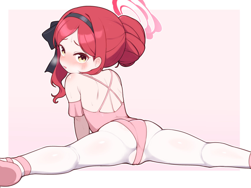 1girl ass athletic_leotard back blue_archive blush bow cameltoe hair_bow hairband halo leotard lk149 loli looking_at_viewer looking_back open_mouth pantyhose pink_background pink_leotard pink_shoes red_hair red_halo shoes solo split takane_(blue_archive) white_background