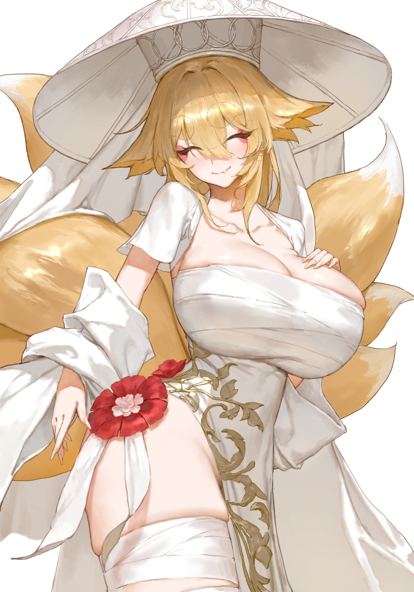 1girl absurdres animal_ears blonde_hair breasts closed_eyes closed_mouth dress fox fox_ears fox_girl fox_tail hanbok highres huge_breasts korean_clothes kuzunoha_(cherin) large_breasts original sib_(9obsl) solo tail white_dress