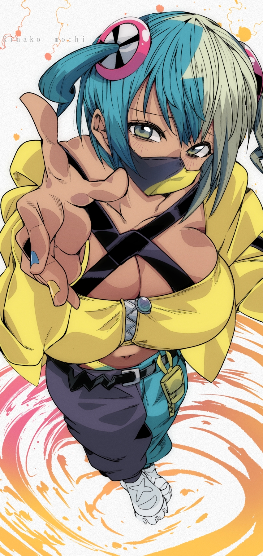 1girl absurdres belt black_belt black_pants blonde_hair blue_eyes blue_hair blue_nails blue_pants blush breasts canari_(pokemon) cleavage collarbone dark_skin gradient_eyes hair_ornament highres jacket kinakomochi_(user_vedc2333) large_breasts long_sleeves looking_at_viewer mask mega_stone midriff mouth_mask multicolored_eyes multicolored_hair nail_polish navel nintendo pants pokemon pokemon_legends:_z-a shoes short_hair standing twintails two-tone_eyes two-tone_hair two-tone_pants white_background white_shoes yellow_bag yellow_eyes yellow_jacket yellow_nails zipper