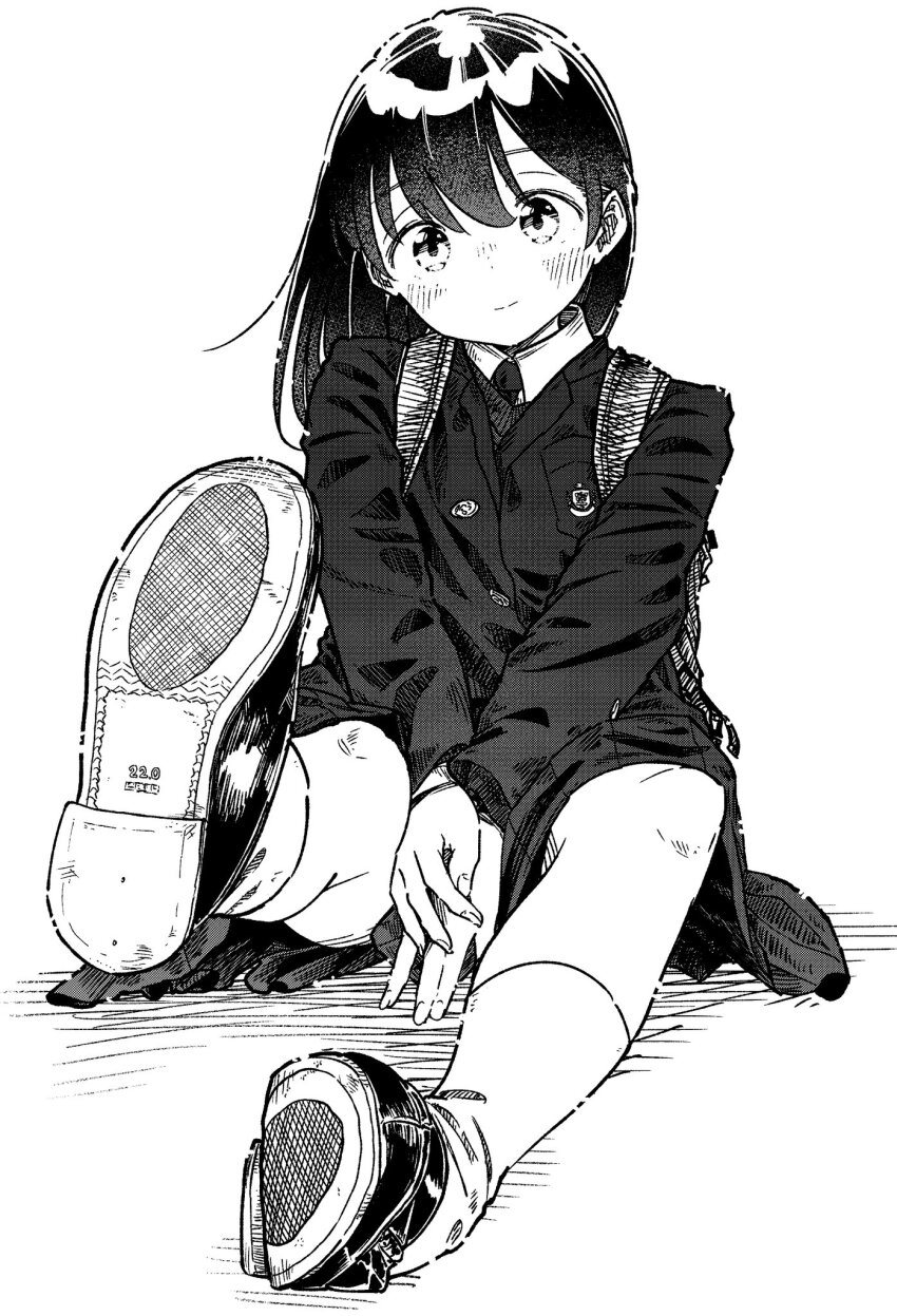 1girl blush closed_mouth greyscale highres jacket long_sleeves looking_at_viewer monochrome original school_uniform shoe_soles shoes sitting socks solo somato_tubuyaki white_background