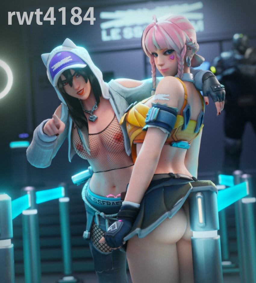 2girls 3d animal_hood arm_on_another's_shoulder artist_name ashe_(overwatch) ass baseball_cap black_hair black_skirt blue_eyes blurry braid breasts cat_hood closed_mouth commentary cropped_jacket depth_of_field dutch_angle earrings english_commentary fearless_ashe fearless_mercy fingerless_gloves fishnet_tank_top from_behind gloves hat heart highres hood hoop_earrings humanoid_robot jacket jewelry large_breasts mercy_(overwatch) midriff miniskirt multiple_girls nail_polish navel necklace nipples no_bra official_alternate_costume omnic open_clothes open_jacket overwatch parted_lips pink_hair pink_lips pleated_skirt pointing red_eyes red_lips red_nails robot rwt4184 single_glove skirt tank_top twin_braids upskirt