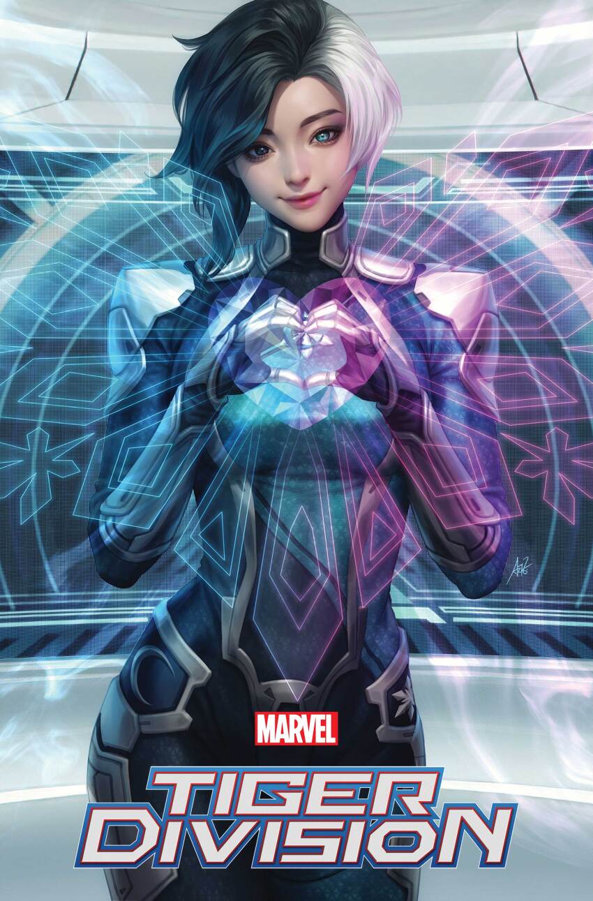 1girl absurdres arm_guards armor black_eyes black_hair blue_eyes bodysuit comic_cover company_name copyright_logo copyright_name cover cover_page english_text heart heart_hands heterochromia highres indoors logo looking_at_viewer luna_snow marvel multicolored_hair official_art pink_lips shoulder_armor smile solo split-color_hair standing stanley_lau thigh_armor tiger_division white_hair