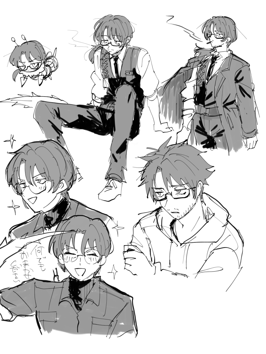 1boy :d ^_^ arms_at_sides arthropod_boy arthropod_limbs beard_stubble bee bee_boy belt blush bug chibi cigarette closed_eyes closed_mouth coat coat_on_shoulders cockroach collarbone collared_jacket collared_shirt cropped_torso drawstring expressionless facial_hair formal_clothes from_front from_side full_body glasses gregor_(project_moon) greyscale hair_between_eyes hair_intakes half-closed_eyes hand_on_own_arm hood hood_down hoodie insect jacket jitome kikkoinu lapels light_blush limbus_company long_hair long_sleeves looking_at_viewer looking_to_the_side low_ponytail male_focus military military_uniform monochrome mouth_hold multiple_persona multiple_views necktie open_clothes open_mouth pants parted_bangs parted_lips ponytail project_moon round_eyewear salute sanpaku semi-rimless_eyewear shirt shoes short_hair simple_background sitting sketch sleeves_rolled_up smile smoke smoking solo sparkle standing straight-on stubble suit turtleneck turtleneck_shirt under-rim_eyewear upper_body vest white_background