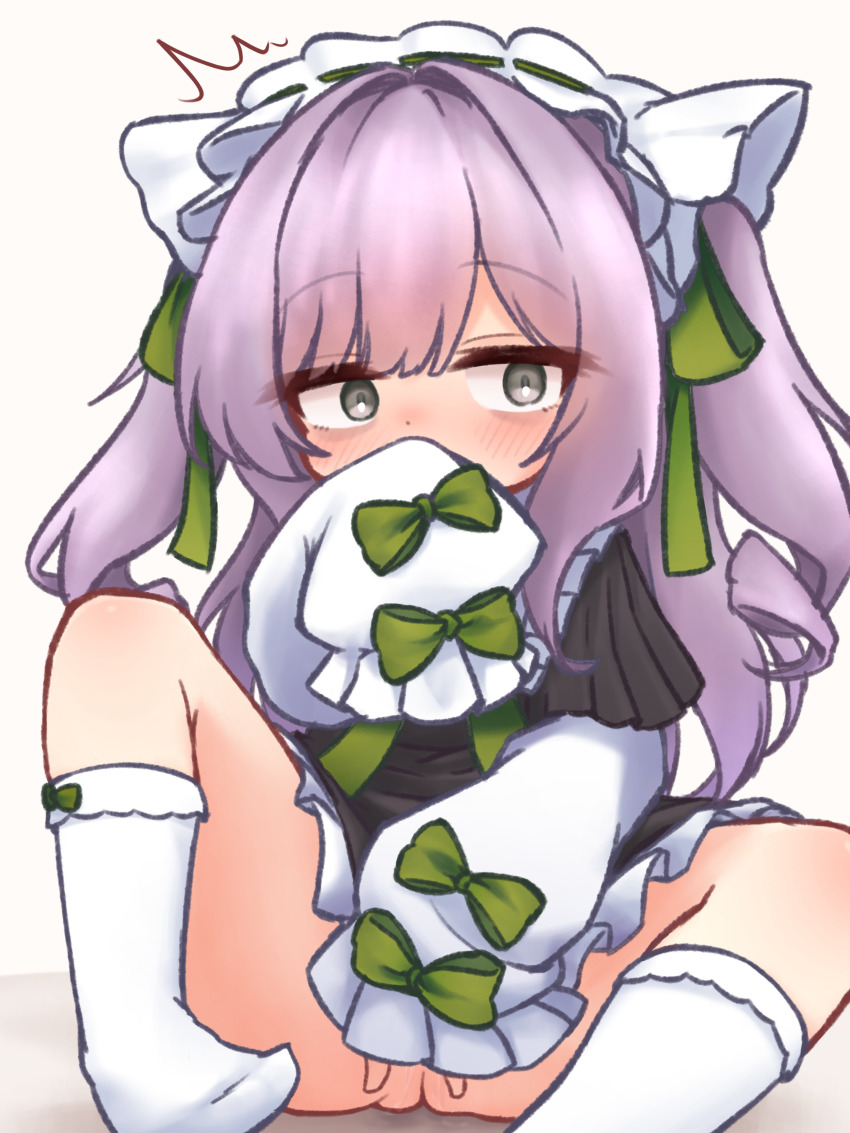 1girl absurdres azur_lane black_dress blush bow commentary_request constricted_pupils covering_own_mouth dress green_bow green_ribbon grey_eyes hair_ribbon highres kneehighs long_hair long_sleeves looking_at_viewer no_shoes purple_hair ribbon shoboimu sleeves_past_fingers sleeves_past_wrists socks solo spread_legs two_side_up vittorio_cuniberti_(azur_lane) white_socks