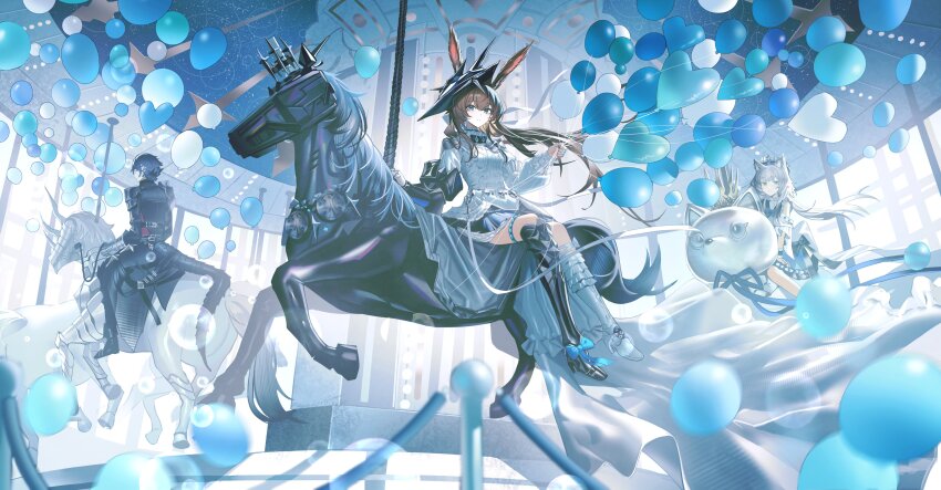 1boy 2girls absurdres amiya_(arknights) amiya_(guard)_(arknights) amiya_(guard)_(in_a_myriad_of_universes)_(arknights) animal_ear_fluff animal_ears architecture arknights armor armored_boots armored_dress asymmetrical_legwear balloon barding belt black_armor black_belt black_bow black_pants black_skirt blue_collar blue_eyes blue_hair blue_ribbon blush boots bow bracelet brown_hair cat_ears cat_girl closed_mouth collar cuisses dress earrings frilled_dress frills full_body gauntlets greaves green_eyes grey_hair hair_between_eyes hair_ribbon hashtag-only_commentary helmet highres holding holding_balloon horse infection_monitor_(arknights) jewelry jeze knee_boots knight layered_skirt light_smile long_hair long_sidelocks looking_at_viewer mismatched_legwear multiple_girls multiple_rings necklace non-humanoid_robot official_alternate_costume overskirt pants pauldrons pelvic_curtain pillar plate_armor pleated_skirt pointy_ears poleyn rabbit_ears rabbit_girl ribbon ring robot robot_animal robot_horse rosmontis_(an_airy_dream)_(arknights) rosmontis_(arknights) sabaton short_hair shoulder_armor sidelocks silver_belt silver_bracelet silver_necklace single_armored_boot single_couter single_earring single_gauntlet single_greave single_pauldron sitting skirt snake_boy snake_tail standing star_(symbol) star_earrings sword tail tail_armor thigh_strap tilted_headwear weapon white_boots white_bow white_dress white_ribbon white_skirt zuo_le_(arknights) zuo_le_(quiet_move)_(arknights)