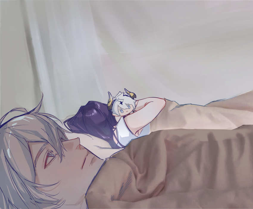 00quanta 1boy 1girl 500_dollar_four_foot_tall_mareep_(meme) bed_sheet blue_eyes character_doll chinese_commentary closed_mouth commentary_request couple doll from_above hair_between_eyes hair_down hetero highres honkai_(series) honkai_impact_3rd hugging_object indoors kevin_kaslana kevin_kaslana_(diabolic) looking_up lying mei_(honkai_impact) meme on_back purple_hair shade short_sleeves upper_body white_hair