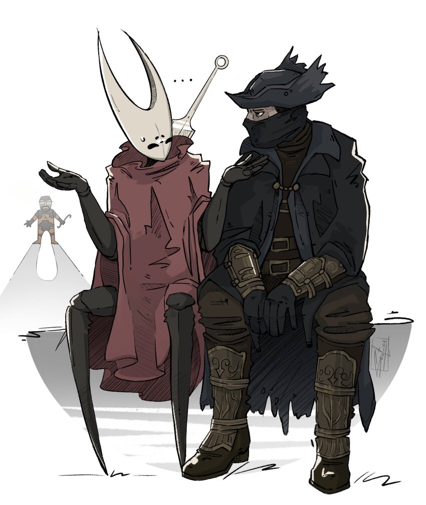 ... 1girl 2boys absurdres arthropod_girl black_gloves bloodborne boots brown_boots commentary english_commentary gloves gordon_freeman half-life_(series) hand_on_another&#039;s_shoulder highres hollow_knight hollow_knight:_silksong hornet_(hollow_knight) hunter_(bloodborne) mask mouth_mask multiple_boys scut_uy simple_background sitting spoken_ellipsis white_background