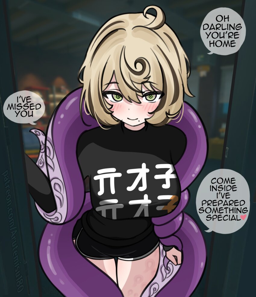 1girl absurdres alternate_costume arutemisu180 black_shirt black_shorts blonde_hair blurry blurry_background blush borrowed_clothes breasts closed_mouth commentary cowboy_shot cowlick dolphin_shorts doorway english_commentary english_text game_screenshot_background green_eyes hair_between_eyes highres implied_yuri indoors large_breasts leaning_forward looking_at_viewer mole mole_under_mouth multicolored_eyes pov_doorway print_shirt purple_eyes screenshot_background shirt short_hair shorts smile solo speech_bubble suction_cups tentacle_girl tentacle_tail tentacles yidhari_murphy zenless_zone_zero