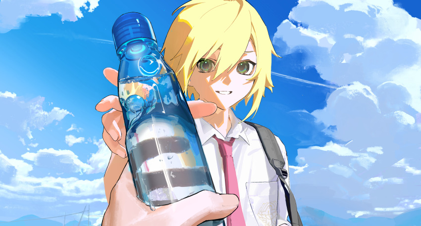 1boy 1other absurdres bag black_bag blonde_hair blue_sky cloud cloudy_sky collared_shirt commentary_request contrail day double-parted_bangs drink green_eyes grin hair_between_eyes highres holding holding_drink looking_at_viewer male_focus nan_(71nnmo) necktie nijisanji outdoors pocket pov pov_hands power_lines ramune reaching reaching_towards_viewer red_necktie school_bag school_uniform shirt short_hair short_sleeves shoulder_bag sidelighting sidelocks sky smile solo_focus summer_uniform upper_body uzuki_kou uzuki_kou_(3rd_costume) white_shirt wing_collar
