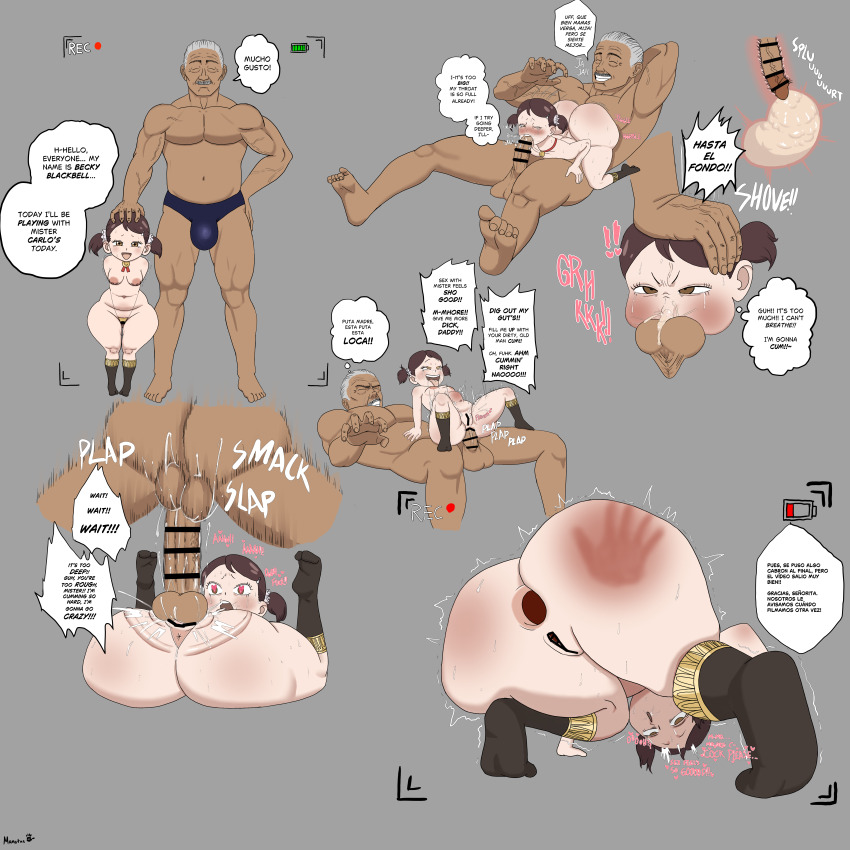 1boy 1girl :o absurdres aftersex age_difference aged_up anal anus ass bar_censor becky_blackbell blush breasts brown_hair censored clothed_sex cum cum_in_mouth dark-skinned_male dark_skin deep_penetration deepthroat english_text facial_hair fellatio grey_background grey_hair hand_on_another's_head highres huge_ass huge_penis interracial loli looking_at_penis lying manotasos mating_press medium_breasts medium_hair muscular muscular_male nipples old old_man open_mouth oral penis pussy rolling_eyes sex sex_from_behind simple_background size_difference slap_mark speech_bubble spy_x_family testicles twintails vaginal veins veiny_penis