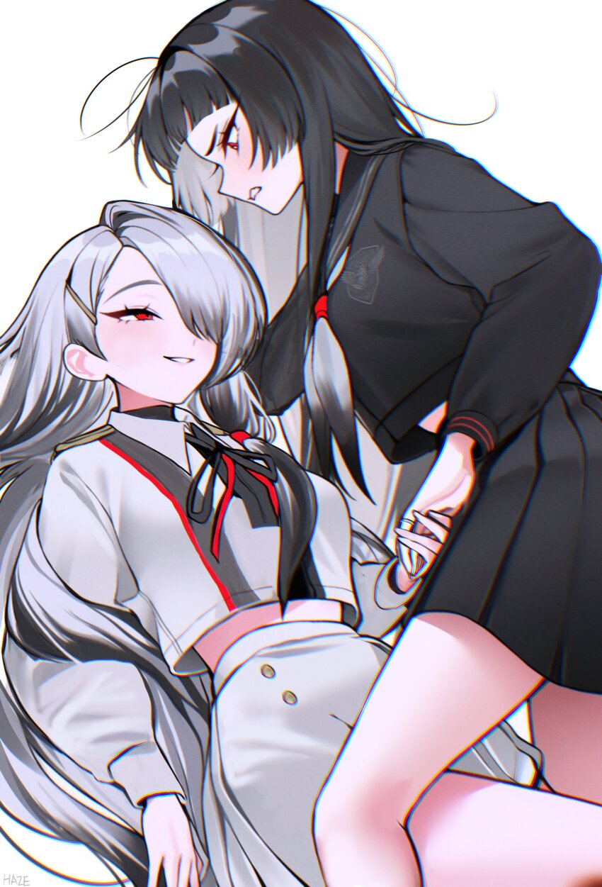 2girls absurdres black_hair black_sailor_collar black_skirt black_streaks collared_shirt colored_inner_hair feet_out_of_frame grey_hair grey_shirt grey_skirt hair_ornament hair_over_one_eye hairclip half-closed_eyes haze_(7h4ze) highres holding_hands long_hair long_sleeves looking_at_another multicolored_hair multiple_girls neckerchief original red_eyes sailor_collar shirt simple_background skirt two-tone_hair white_background white_neckerchief white_shirt yuri