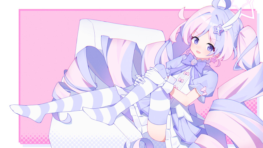 1girl :d absurdres ahoge anleewind armchair blue_archive border bow chair chest_bow commentary dress drill_hair earrings feet full_body gloves hair_ornament halo hands_on_own_knee highres jewelry knee_up layered_dress long_hair looking_at_viewer magical_girl multicolored_hair multicolored_thighhighs no_shoes official_alternate_costume official_alternate_hairstyle on_chair open_mouth pink_background pink_bow pink_hair pink_halo puffy_short_sleeves puffy_sleeves purple_bow purple_dress purple_eyes purple_hair purple_thighhighs reisa_(blue_archive) reisa_(magical)_(blue_archive) short_sleeves sitting sleeve_bow smile solo star_(symbol) star_earrings star_hair_ornament star_halo striped_clothes striped_thighhighs thighhighs twin_drills two-tone_hair two-tone_thighhighs very_long_hair white_border white_gloves white_thighhighs