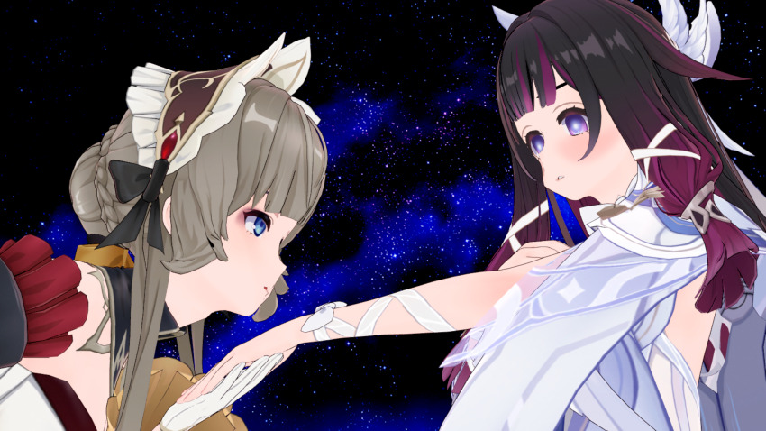 3d absurdres columbina_(genshin_impact) death dreaming genshin_impact highres kiss koikatsu_(medium) sandrone_(genshin_impact) star_(sky) tagme