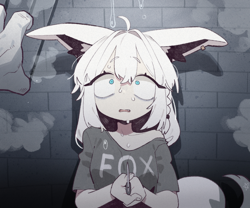 1girl ahoge animal_ear_fluff animal_ear_piercing animal_ears aqua_eyes braid breasts cocomayo29_(tomato) commentary_request earrings fox_ears fox_girl fox_tail holding holding_knife hololive jewelry knife korean_commentary large_breasts long_hair open_mouth pentagram pov saliva scared shirakami_fubuki shirt short_sleeves single_braid single_earring tail virtual_youtuber white_hair