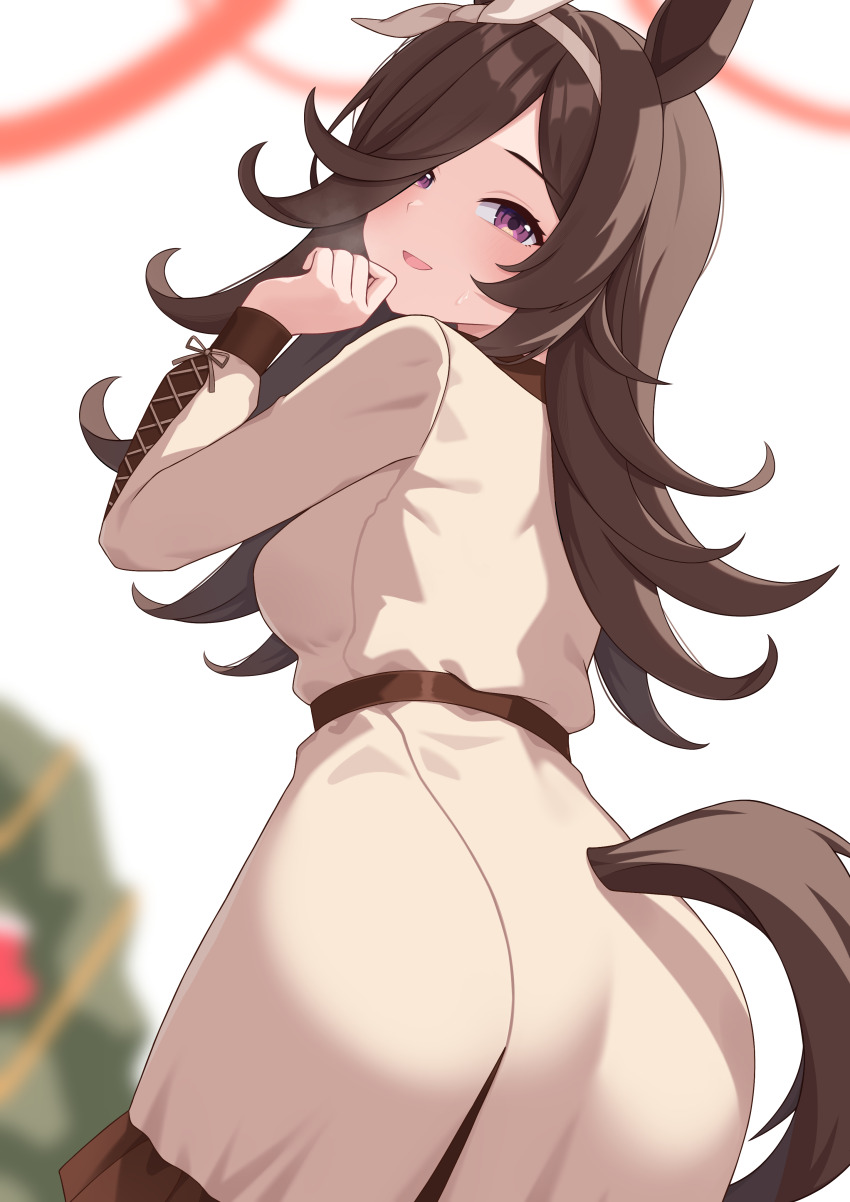 1girl :d absurdres ass blurry blurry_background bow_hairband breasts brown_coat brown_hair clothing_cutout coat coat_dress commentary_request dress flipped_hair frilled_coat frills from_behind hair_over_one_eye hairband hand_up highres horse_girl long_hair looking_at_viewer looking_back medium_breasts official_alternate_costume open_mouth parted_bangs purple_eyes rice_shower_(casual)_(umamusume) rice_shower_(umamusume) smile solo tail tail_through_clothes tsubame_tien umamusume