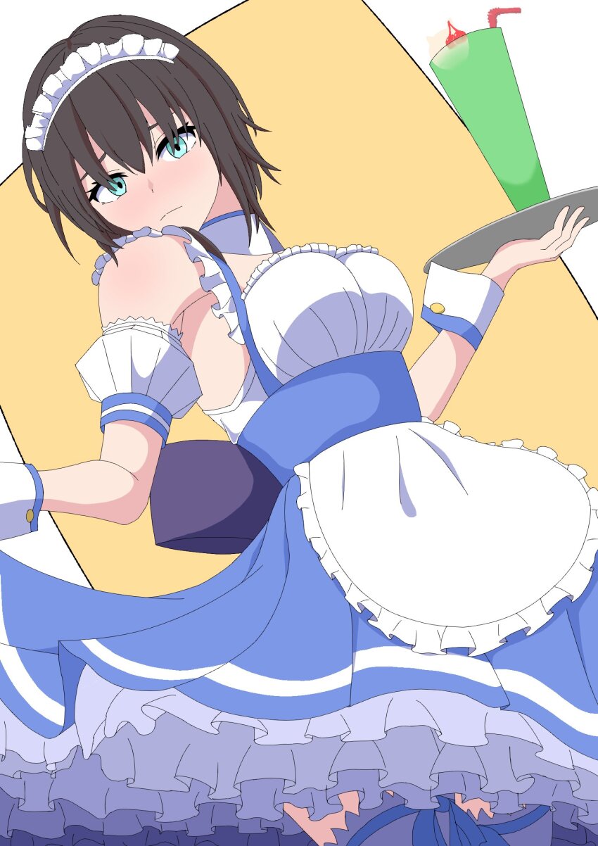 1girl aoi_erika bare_shoulders black_hair blue_eyes breasts clothes_lift commentary_request cup heaven_burns_red highres ksato009 large_breasts looking_at_viewer maid maid_headdress shirt_lift short_hair thighhighs tray zettai_ryouiki