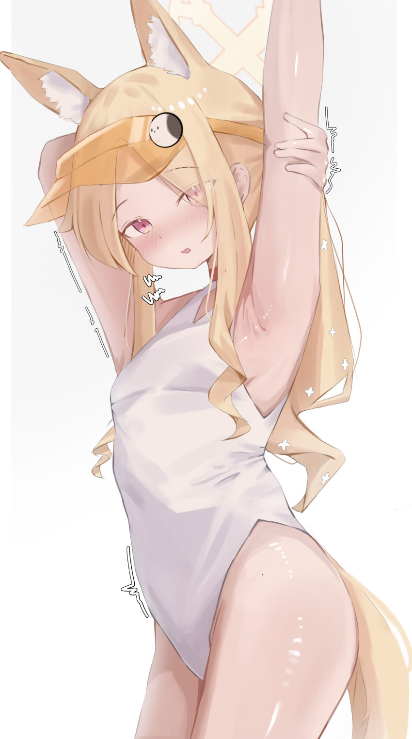 1girl absurdres animal_ear_fluff animal_ears arm_behind_head arm_up blonde_hair blue_archive breasts clothing_cutout covered_navel cowboy_shot cross_halo danphyy diamond_cutout fox_ears fox_girl fox_tail halo highleg highleg_one-piece_swimsuit highres loli long_hair official_alternate_costume official_alternate_hairstyle one-piece_swimsuit orange_eyes seia_(blue_archive) seia_(swimsuit)_(blue_archive) side_ponytail simple_background small_breasts solo swimsuit tail visor_cap white_background white_one-piece_swimsuit yellow_halo yellow_visor