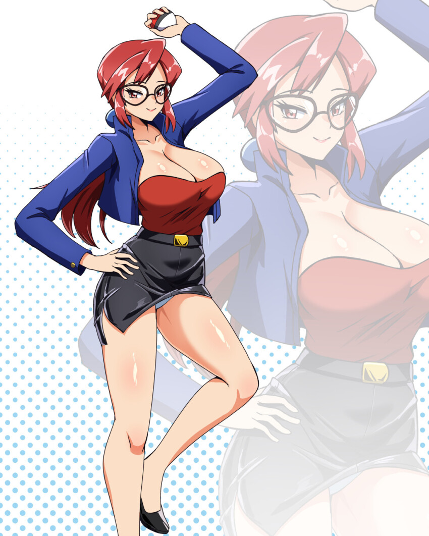 1girl belt breasts cleavage glasses hand_on_own_hip jacket large_breasts lips long_hair long_sleeves lorelei_(pokemon) nintendo panties poke_ball pokemon pokemon_(anime) pokemon_(classic_anime) polka_dot polka_dot_background ponytail red_hair skirt underwear zuchysdraws