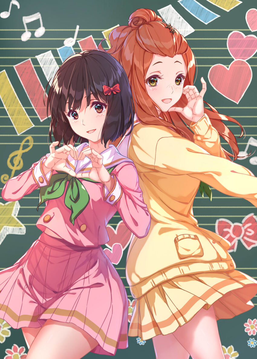 2girls bow brown_eyes brown_hair cardigan chalkboard commentary_request green_neckerchief hair_bow hair_ornament heart heart_hands hibike!_euphonium highres hisaishi_kanade kenzaki_ririka kurenaiz_(kureniz) long_hair long_sleeves looking_at_viewer miniskirt multiple_girls neckerchief open_mouth pink_shirt pink_skirt pleated_skirt red_bow sailor_collar school_uniform serafuku shirt short_hair skirt smile standing star_(symbol) star_hair_ornament white_sailor_collar yellow_cardigan yellow_skirt