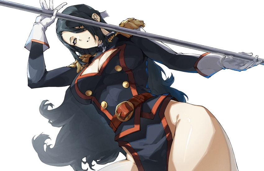 1girl anti-demon_corps_uniform azuma_fubuki belt black_hair black_jacket breasts brown_belt commentary dutch_angle english_commentary epaulettes floating_hair gloves highres holding holding_staff holding_weapon jacket large_breasts long_hair long_sleeves looking_at_viewer mato_seihei_no_slave mature_female military_jacket parted_lips pelvic_curtain red_trim saikiseiya simple_background solo staff very_long_hair weapon white_background white_gloves yellow_eyes