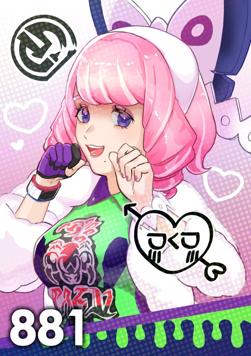 1girl bow bracelet breasts collared_shirt commentary_request drill_hair drill_sidelocks dynamax_band eyeshadow flipped_hair fur_jacket hair_bow hairband highres jacket jewelry klara_(pokemon) large_breasts league_card makeup medium_breasts mole mole_under_mouth nintendo pink_eyeshadow pink_hair pink_lips pococh_oekaki pokemon pokemon_swsh print_shirt purple_eyes ring shirt short_hair sidelocks smile solo teeth two-tone_shirt upper_body upper_teeth_only white_bow white_hairband