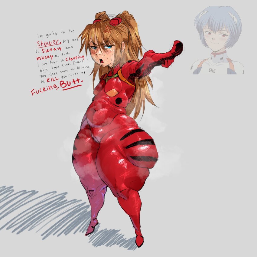 1girl :o absurdres anger_vein ass ayanami_rei blue_eyes bodysuit breasts cameltoe curvy embarrassed english_text flat_chest full_body grey_background highres interface_headset_(evangelion) kyokeer looking_at_another looking_at_viewer mecha_pilot_suit menacing neon_genesis_evangelion orange_hair plugsuit_(evangelion) plump pointing red_bodysuit small_breasts smile souryuu_asuka_langley tsundere twintails what wide_hips