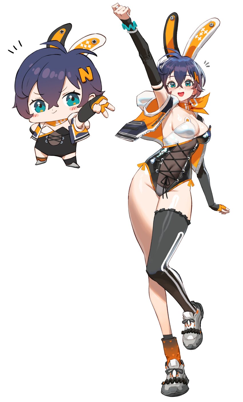 1girl absurdres animal_ear_hairband animal_ears arm_up belle_(zenless_zone_zero) black_leotard blue_hair blush breasts chibi chibi_inset covered_navel crossed_bangs detached_sleeves fake_animal_ears fingerless_gloves gloves green_eyes hair_between_eyes hair_ornament hairband highleg highleg_leotard highres leotard letter_hair_ornament looking_at_viewer multicolored_leotard open_mouth orange_gloves orange_socks playboy_bunny rabbit_ear_hairband rabbit_ears shoes short_hair single_fingerless_glove single_thighhigh sleeveless sleeveless_jacket smile sneakers socks standing standing_on_one_leg strapless strapless_leotard thighhighs two-tone_leotard white_leotard wonbin_lee zenless_zone_zero
