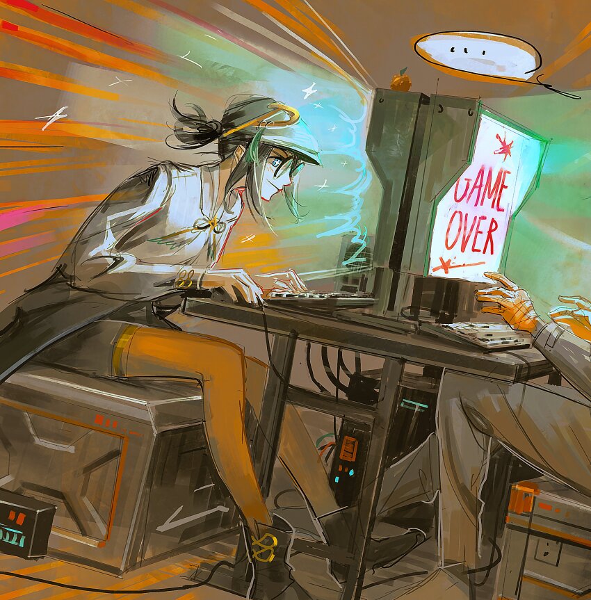 +_+ ... 123456789qaqaqa 1girl 1other absurdres black_hair black_hat black_jacket black_shorts blue_eyes closed_mouth computer computer_keyboard computer_mouse english_text flat_cap food from_side fruit game_over glasses hat hat_ornament highres jacket leaning_forward long_sleeves maque_(xinyue_tongxing) monitor orange_(fruit) playing_games ponytail protected_link round_eyewear screen_light short_hair shorts sitting smile speech_bubble spoken_ellipsis xinyue_tongxing