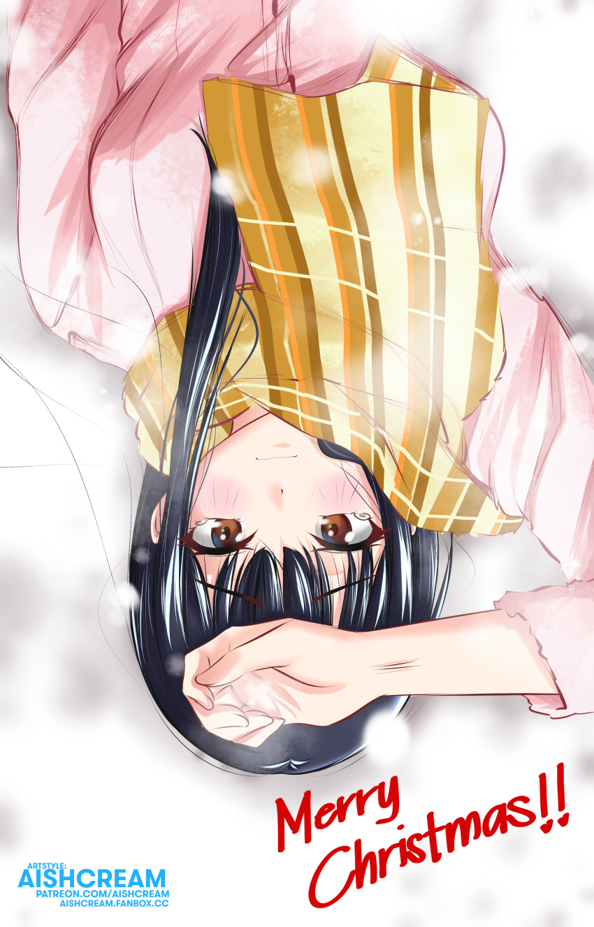 1girl absurdres aishcream24 alternate_costume artist_name black_hair blush boku_no_kokoro_no_yabai_yatsu breasts brown_eyes closed_eyes commentary english_commentary english_text fanbox_username hand_on_own_forehead hand_up highres large_breasts long_hair looking_at_viewer merry_christmas patreon_username pink_sweater plaid_clothes plaid_scarf scarf sweater upper_body upside-down yamada_anna