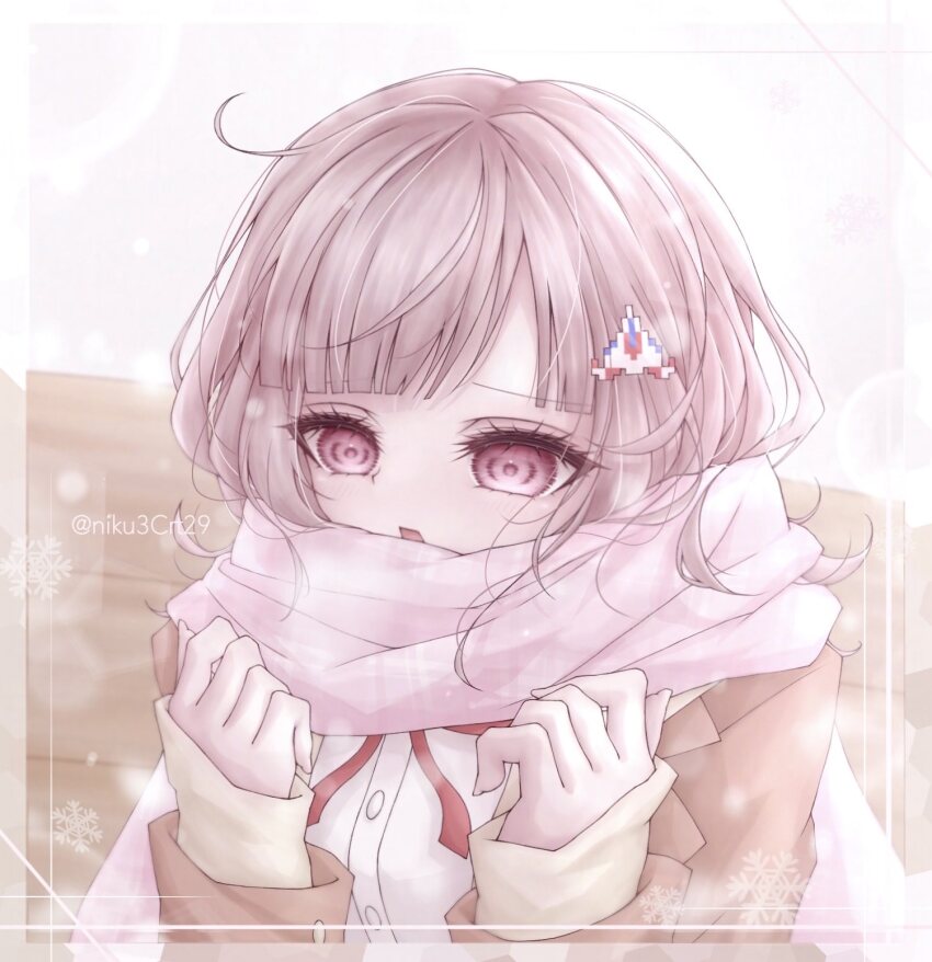 1girl :o artist_name blush brown_jacket commentary_request danganronpa_(series) danganronpa_3_(anime) dress_shirt hair_ornament hands_up highres jacket long_sleeves medium_hair messy_hair nanami_chiaki neck_ribbon nikuooisi pink_eyes red_ribbon ribbon scarf shirt solo upper_body white_scarf white_shirt