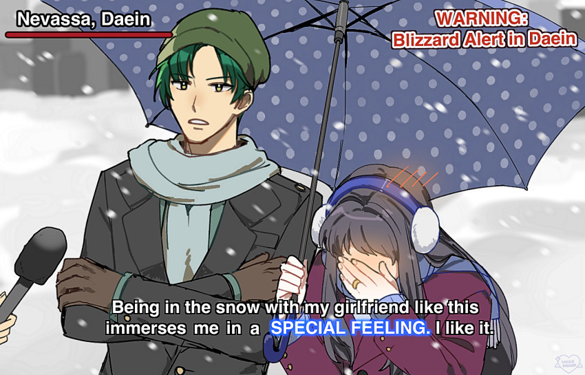 1boy 1girl astrid_(fire_emblem) black_hair blush commission commissioner_upload contemporary crossed_arms earmuffs embarrassed english_text facepalm fire_emblem fire_emblem:_radiant_dawn green_hair holding holding_umbrella meme nintendo non-web_source pomme_(lazzledazzle) snow snowing sothe_(fire_emblem) special_feeling_(meme) subtitled umbrella yellow_eyes