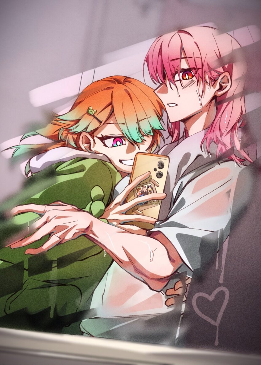 2girls alternate_costume blush breasts cameo cellphone cellphone_photo couple earrings feather_earrings feathers gawr_gura gradient_hair green_hair highres holding holding_phone hololive hololive_english holomyth indoors jewelry leaning_on_person long_hair long_sleeves looking_at_phone mirror mirror_selfie mori_calliope multicolored_hair multiple_girls ninomae_ina'nis orange_hair phone pink_hair polaroid_photo red_eyes reflection reflection_focus sanni1416029 selfie shirt smartphone takanashi_kiara taking_picture virtual_youtuber watson_amelia wet wet_hair white_shirt yuri