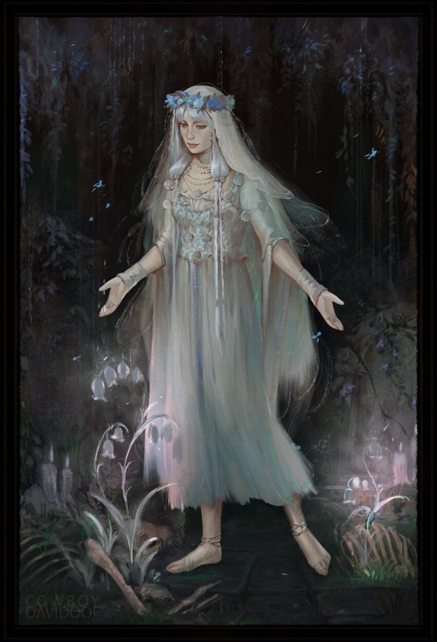 1girl anklet barefoot black_border blue_eyes border braid choker commentary cowboy_davidoff doll_joints elden_ring elden_ring_nightreign english_commentary flower flower_wreath full_body head_wreath highres jewelry joints low_twin_braids plant revenant_(elden_ring) signature solo standing twin_braids veil white_choker white_flower white_hair white_veil white_wrist_cuffs wrist_cuffs