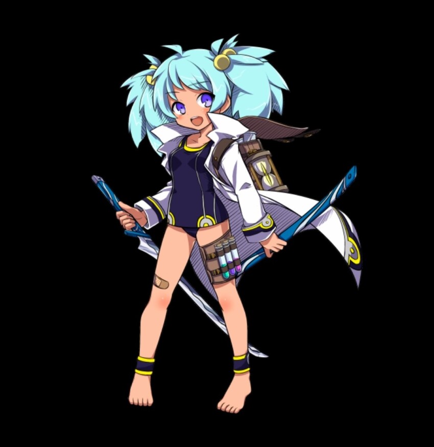 1girl :d ahoge bandaid bandaid_on_knee bandaid_on_leg barefoot black_background blue_hair blue_one-piece_swimsuit blush breasts coat full_body holding holding_sheath holding_sword holding_weapon katana kinoron_(merc_storia) long_sleeves looking_at_viewer merc_storia merc_storia_art_team official_art one-piece_swimsuit open_mouth purple_eyes reverse_grip school_swimsuit sheath simple_background small_breasts smile solo standing swimsuit sword tachi-e test_tube twintails weapon white_coat