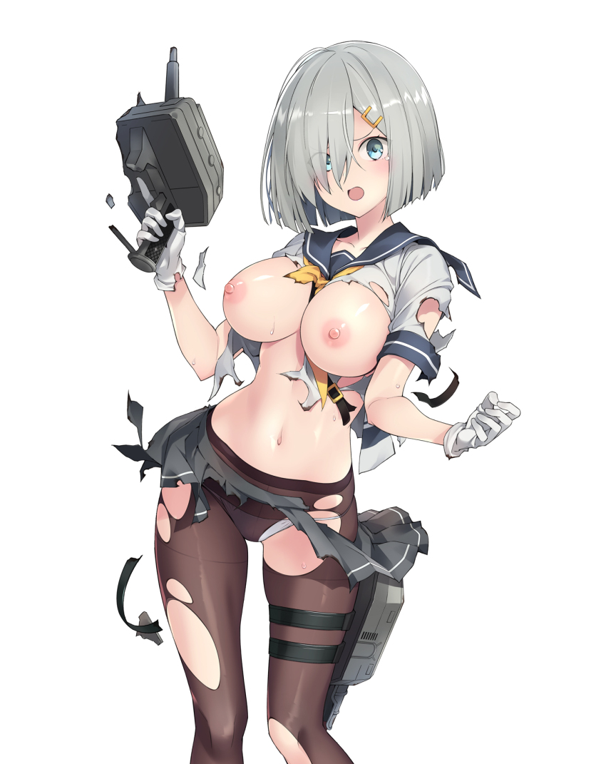 1girl adapted_turret black_pantyhose blue_eyes blush breasts burnt_clothes commentary_request gloves grey_hair hair_ornament hair_over_one_eye hairclip hamakaze_(kancolle) highres kantai_collection large_breasts looking_at_viewer navel neckerchief nipples open_mouth panties panties_under_pantyhose pantyhose pleated_skirt sakana_(flame_sakana) school_uniform serafuku short_hair short_sleeves skirt solo torn_clothes torn_pantyhose torpedo_launcher torpedo_tubes underwear white_background white_gloves