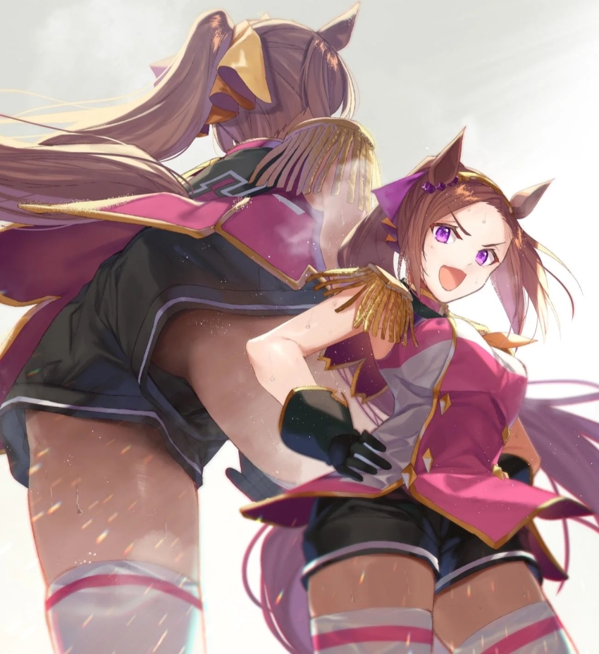1girl animal_ears ass black_gloves black_shorts blush bow breasts brown_hair brown_tail dot_nose dress ear_ornament epaulettes female_focus forehead from_behind from_below gloves hair_bow hair_ribbon hairband hands_on_own_hips highres horse_ears horse_girl horse_tail kabocha_(monkey4) kneehighs large_breasts legs long_hair looking_at_viewer looking_down multiple_views neckerchief no_panties open_mouth pink_dress pink_shirt ponytail purple_eyes ribbon sakura_bakushin_o_(blossom_in_learning)_(umamusume) sakura_bakushin_o_(umamusume) sexually_suggestive shirt shorts simple_background sleeveless sleeveless_dress sleeveless_shirt smile socks solo solo_focus sweat sweatdrop tail thighhighs thighs umamusume white_background white_thighhighs yellow_neckerchief