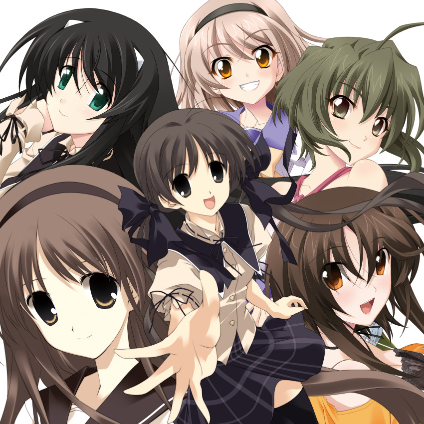 black_bow black_hairband bow brown_eyes brown_hair green_eyes hairband highres hizuki_ayaka kurosu_kanata long_hair looking_at_viewer memories_off memories_off_1 memories_off_2nd misasagi_inori non-web_source official_art open_mouth school_uniform shirakawa_hotaru shirakawa_shizuru simple_background smile