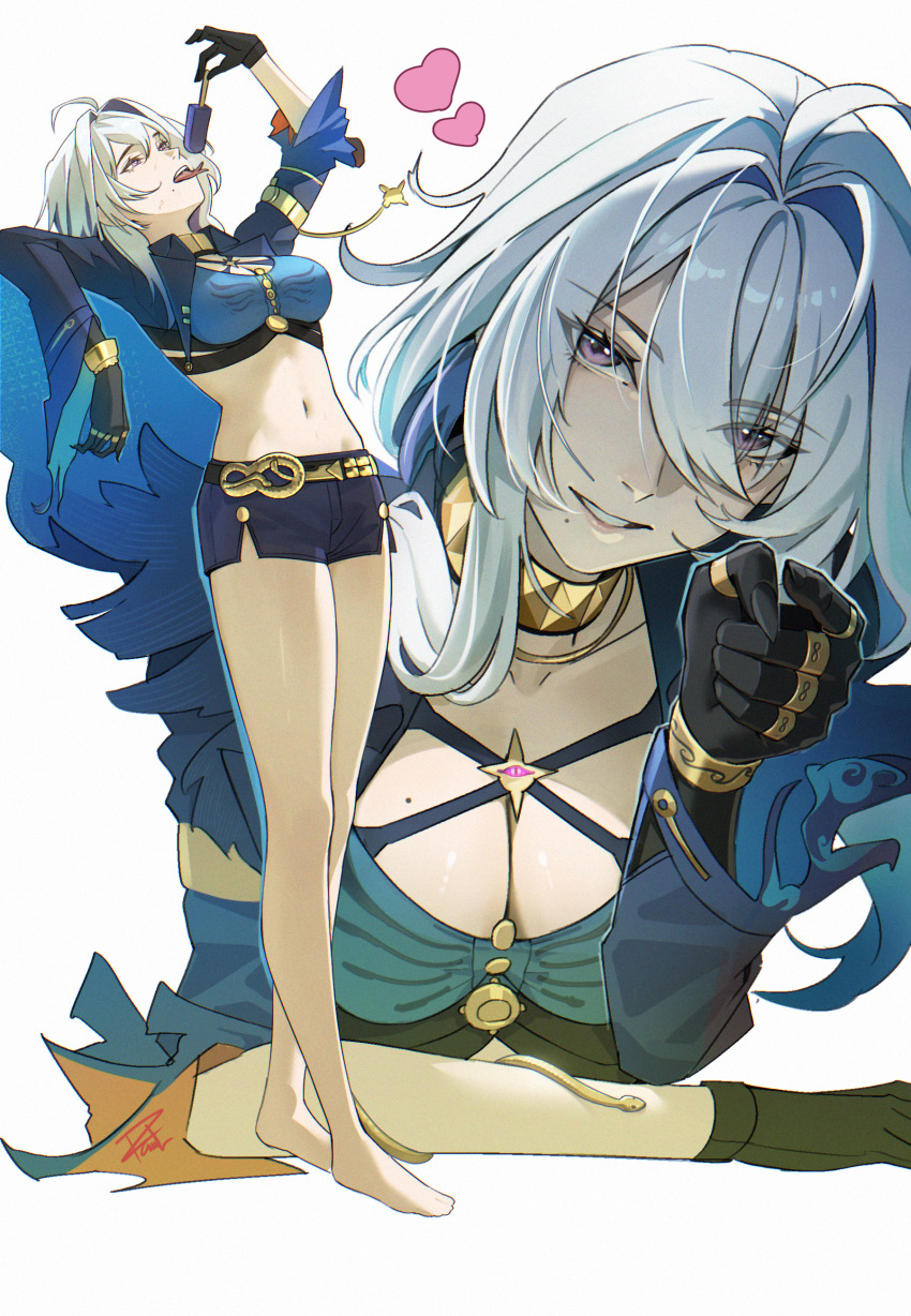 1girl absurdres arm_up bare_legs barefoot black_gloves black_nails black_shorts blue_bra blue_hair bra breasts cleavage colored_inner_hair commentary english_commentary fingernails food galbrena_(wuthering_waves) gloves grey_hair hair_between_eyes heart highres holding holding_food holding_popsicle iqbqlz large_breasts legs looking_at_viewer medium_hair mole mole_on_breast mole_under_mouth multicolored_hair multiple_views navel parted_lips popsicle purple_eyes shorts smile stomach thighs tongue tongue_out underwear wuthering_waves