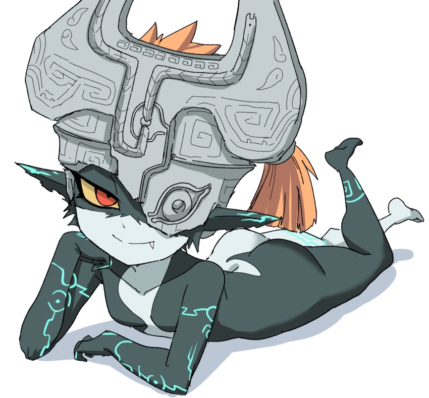 1girl ass black_skin colored_sclera colored_skin commentary_request fang helmet looking_at_viewer lying midna multicolored_skin nasu_(ilo_a5) nintendo on_stomach one_eye_covered orange_hair pointy_ears red_eyes sketch smile solo the_legend_of_zelda the_legend_of_zelda:_twilight_princess two-tone_skin yellow_sclera