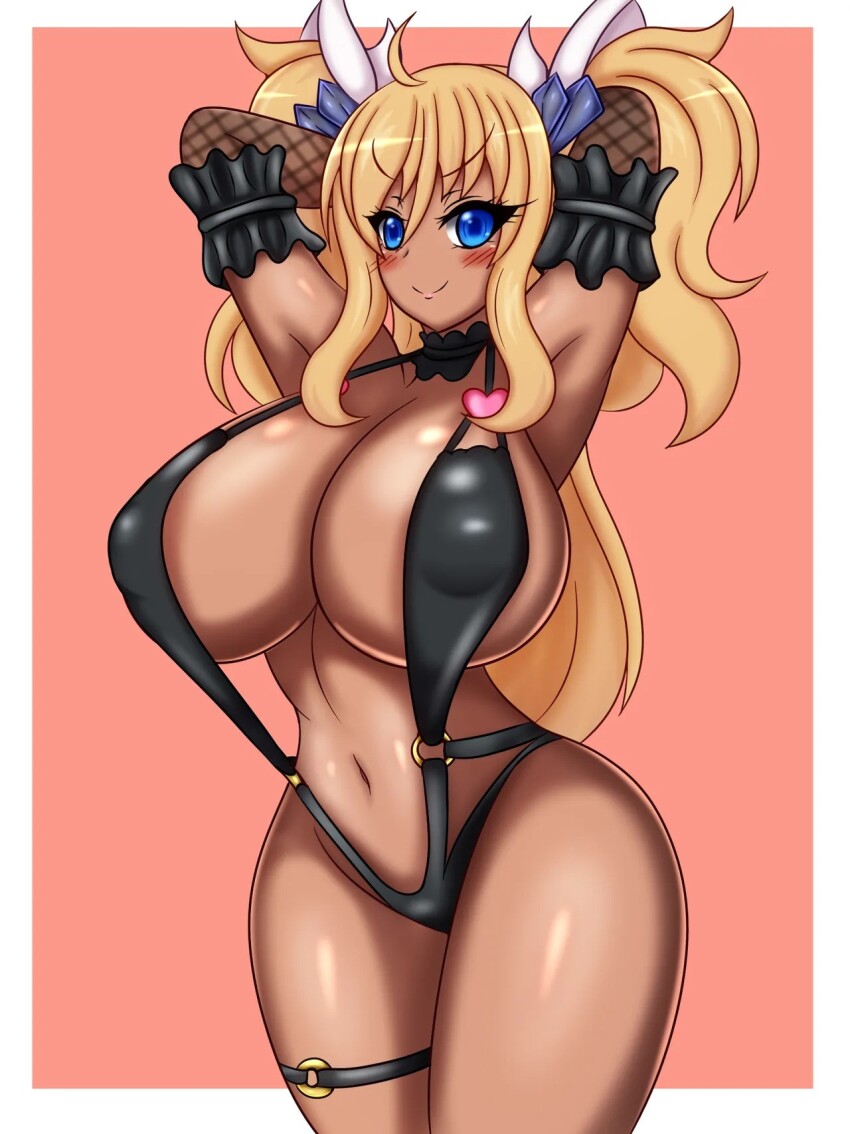 1girl blonde_hair breasts dark-skinned_female dark_skin huge_breasts onizaki_kirara smile taimanin_(series) taimanin_rpgx