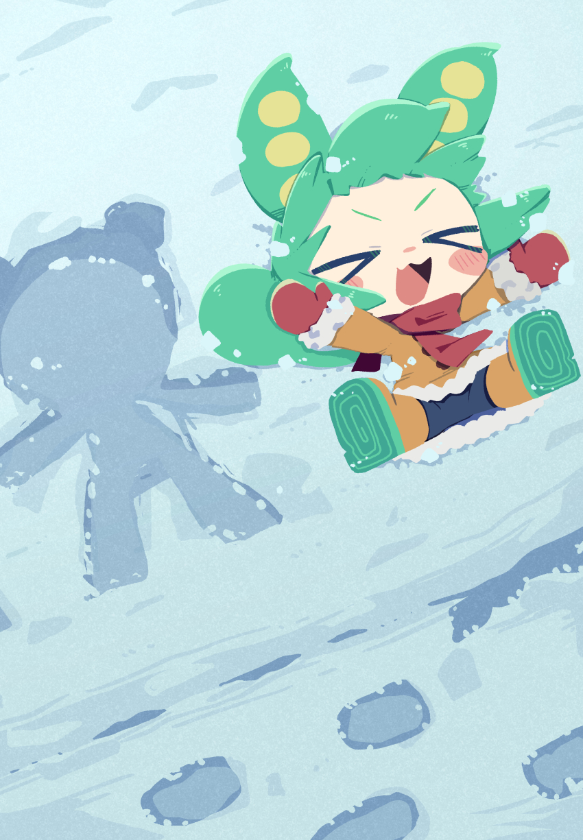 >_< 1girl :3 :d absurdres animal_ears blue_pants blush_stickers boots chibi chibi_only closed_eyes coat commentary_request edamame full_body fur-trimmed_coat fur-trimmed_sleeves fur_trim green_hair highres konohoshi long_hair long_sleeves lying mittens on_back on_ground open_mouth orange_boots orange_coat outdoors pants red_mittens smile snow snowing solo v-shaped_eyebrows voicevox winter x3 xd zundamon