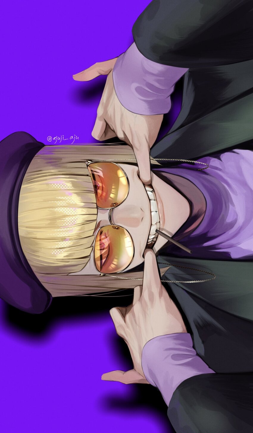 1boy ajuji_aju black_jacket bleach blonde_hair blunt_bangs blunt_ends commentary_request eyewear_strap glasses hat highres hirako_shinji jacket layered_sleeves long_sleeves looking_at_viewer male_focus mouth_hold mouth_pull orange-tinted_eyewear purple_background purple_shirt round_eyewear shirt short_hair sideways simple_background solo teeth teeth_hold tinted_eyewear toothpick