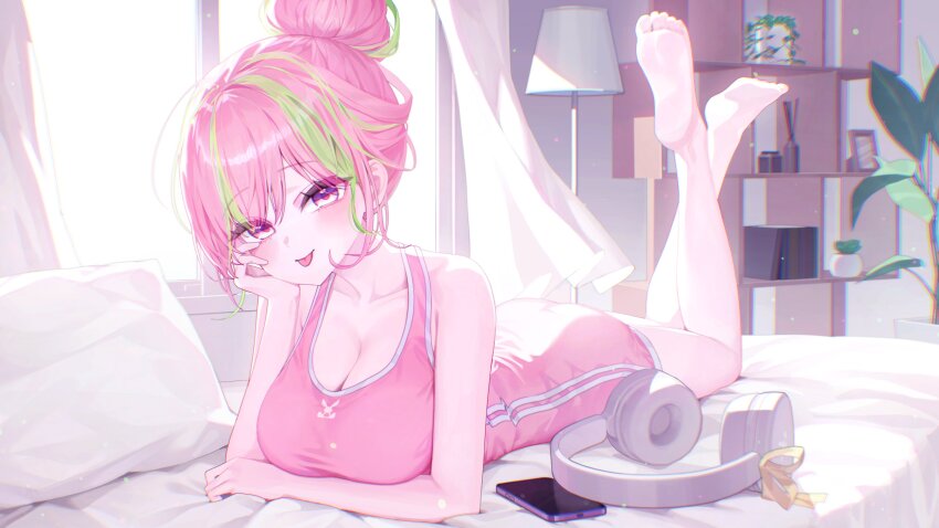 1girl absurdres bedroom blush breasts cellphone cleavage closed_mouth commentary_request commission curtains full_body green_streaks hair_bun hand_up headphones headphones_removed highres indoors korean_commentary lamp large_breasts legs_up looking_at_viewer lying multicolored_hair on_bed on_stomach original parted_bangs phone pink_eyes pink_hair pink_shirt pink_shorts shelf shirt shorts single_hair_bun sleeveless sleeveless_shirt smartphone solo streaked_hair tongue tongue_out window yioro