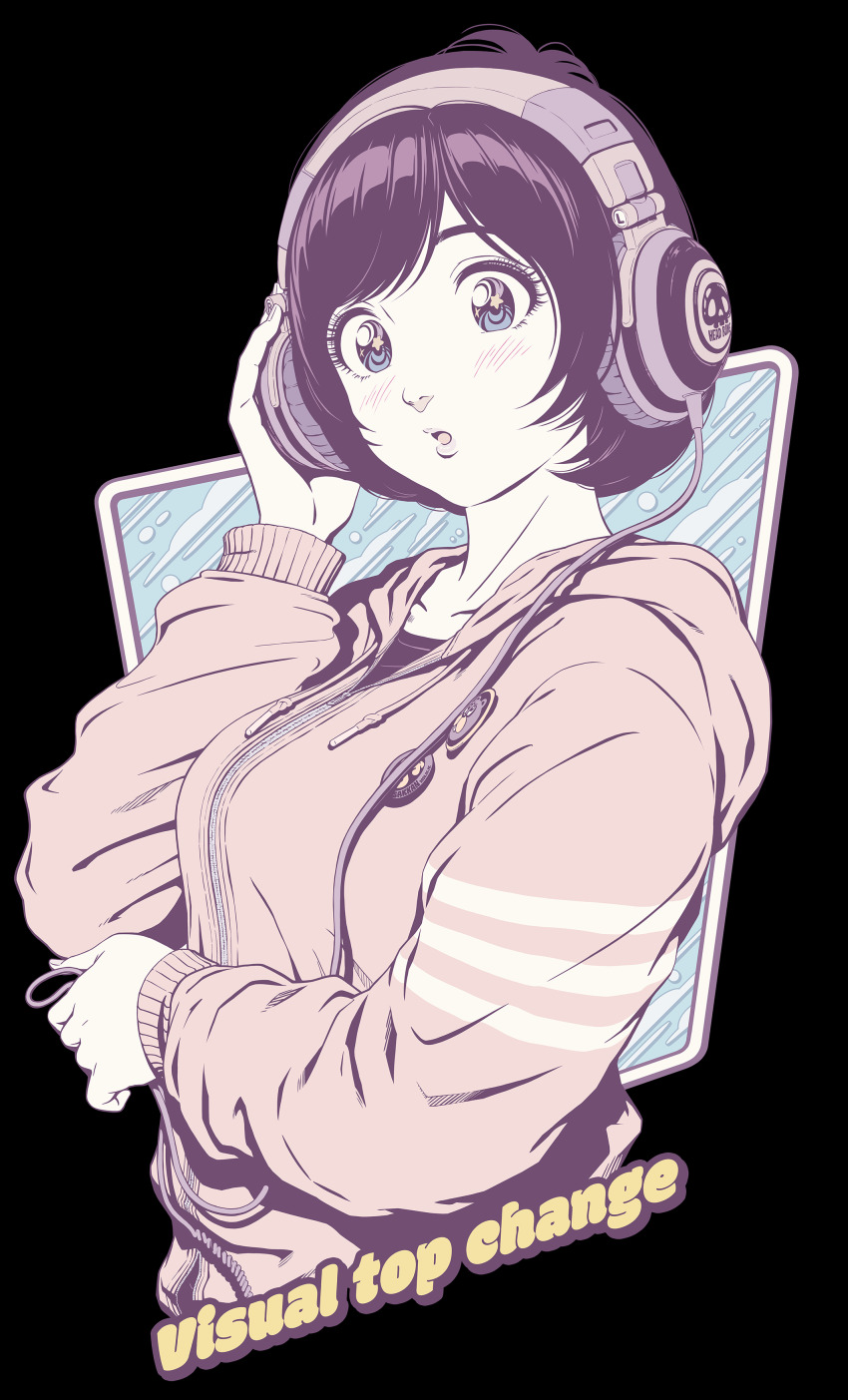 1girl absurdres black_hair blue_eyes breasts cable commentary_request english_text headphones highres holding holding_cable hood hoodie large_breasts looking_at_viewer open_mouth original pink_hoodie profile sakkan short_hair solo star-shaped_pupils star_(symbol) symbol-shaped_pupils upper_body